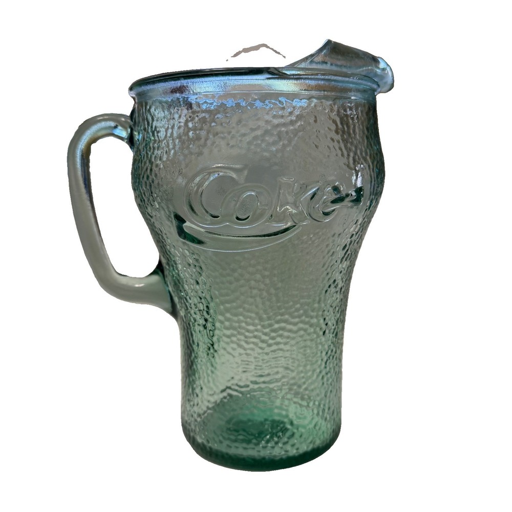 Vintage Coca-Cola Coke Pebbled Green Glass Pitcher 64oz Big Lip Collector Heavy
